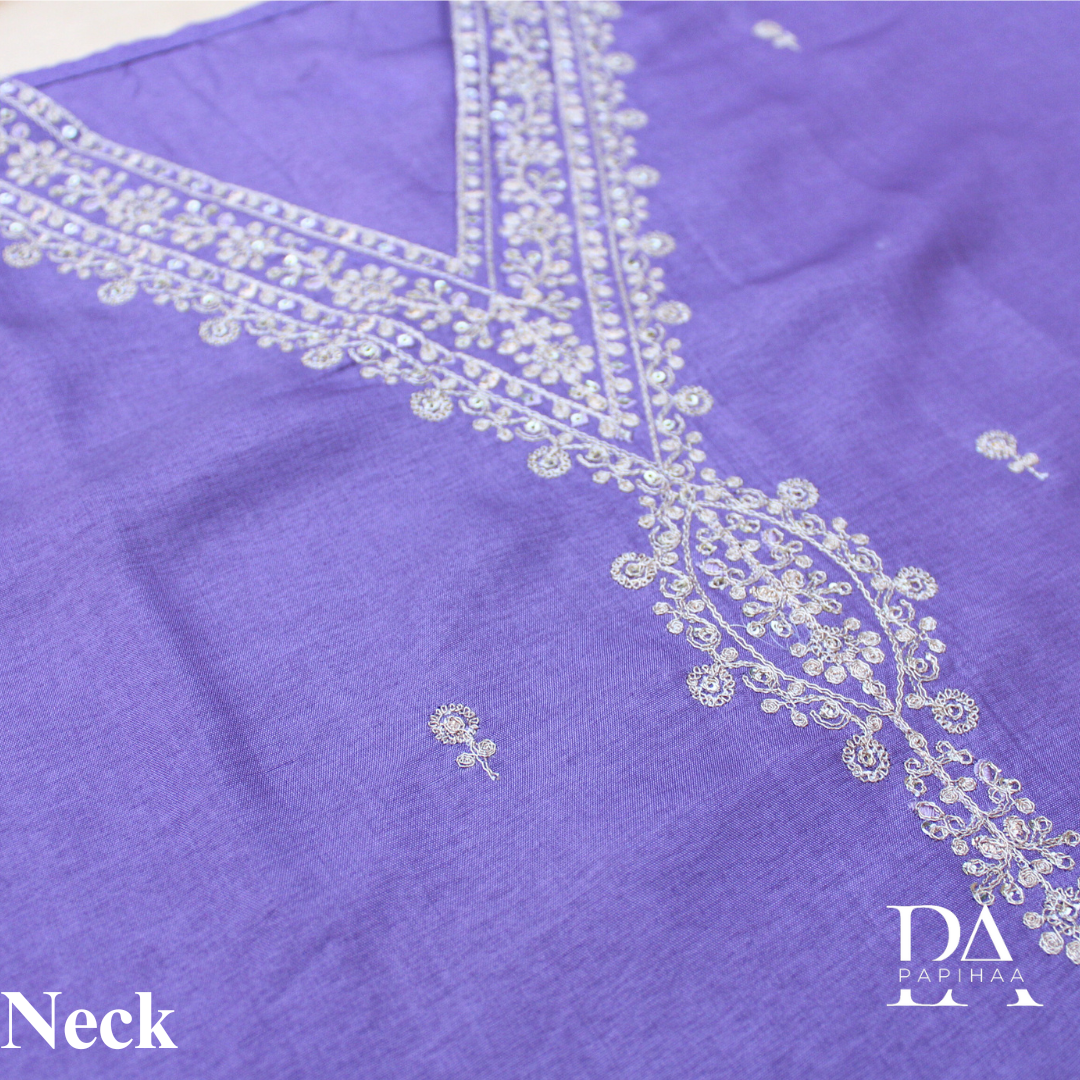 V-neck Purple Colored Roman Silk Semi-stitched Set
