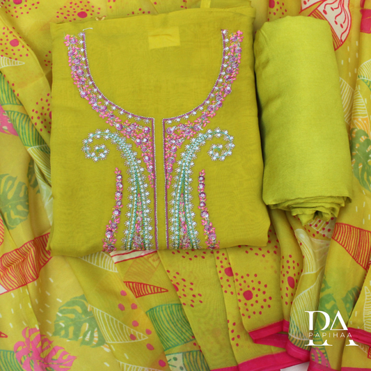 Light Parrot Green Soft Organza Unstitched Suit