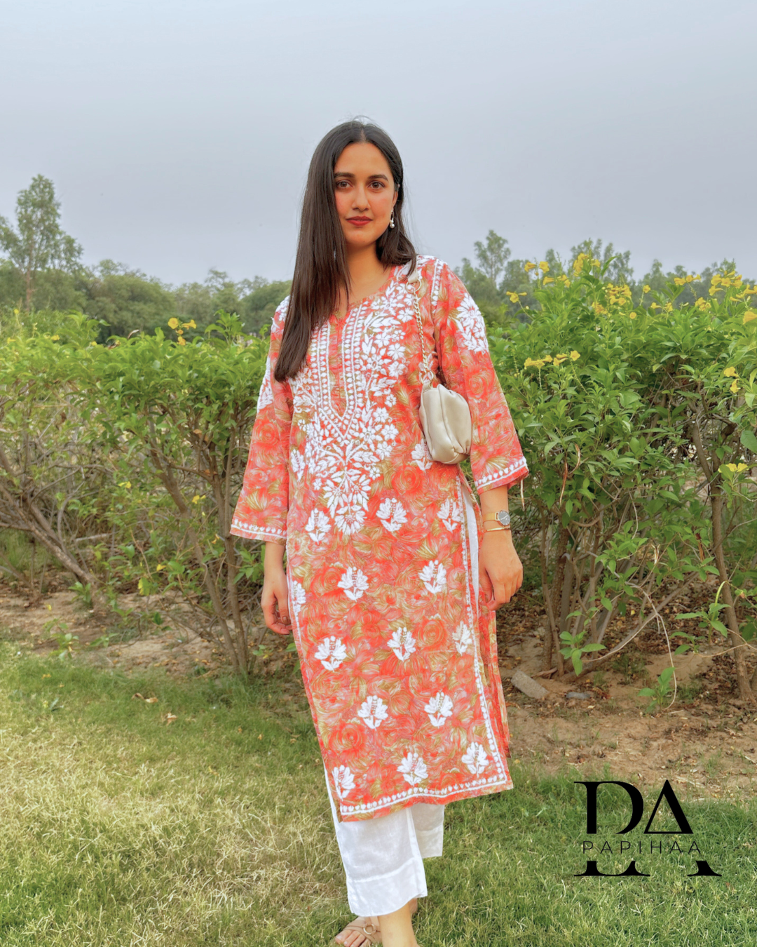 Neeraja Orange  floral carnation printed 3d Chikankari Kurti