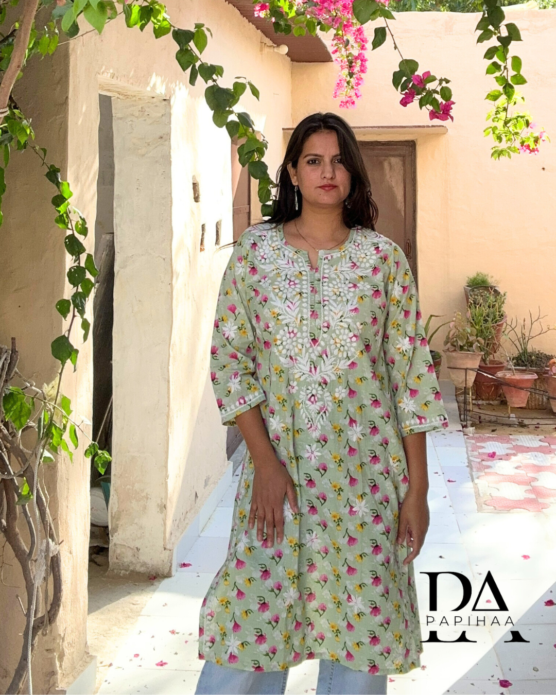 Bougainvillea Pastel Green Premium Mulmul Printed Chikankari Kurti