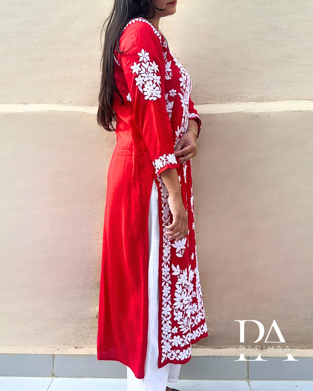 Nitya Deep Red Lotus Motif 6D Chikankari Kurti
