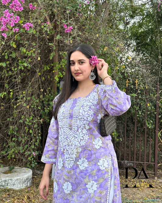 Neeraja Lavender floral carnation printed 3d Chikankari Kurti