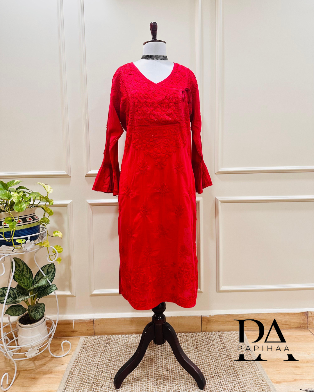 Aryaa Cotton Tone on Tone Tomato Red Angarakha Chikankari Kurti