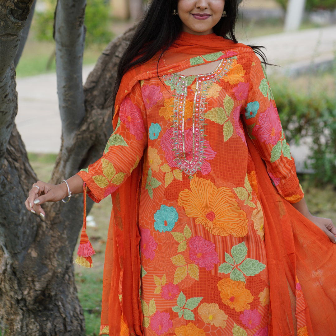 Orange Colored Crepe Tie Sleeve Stitched Suit