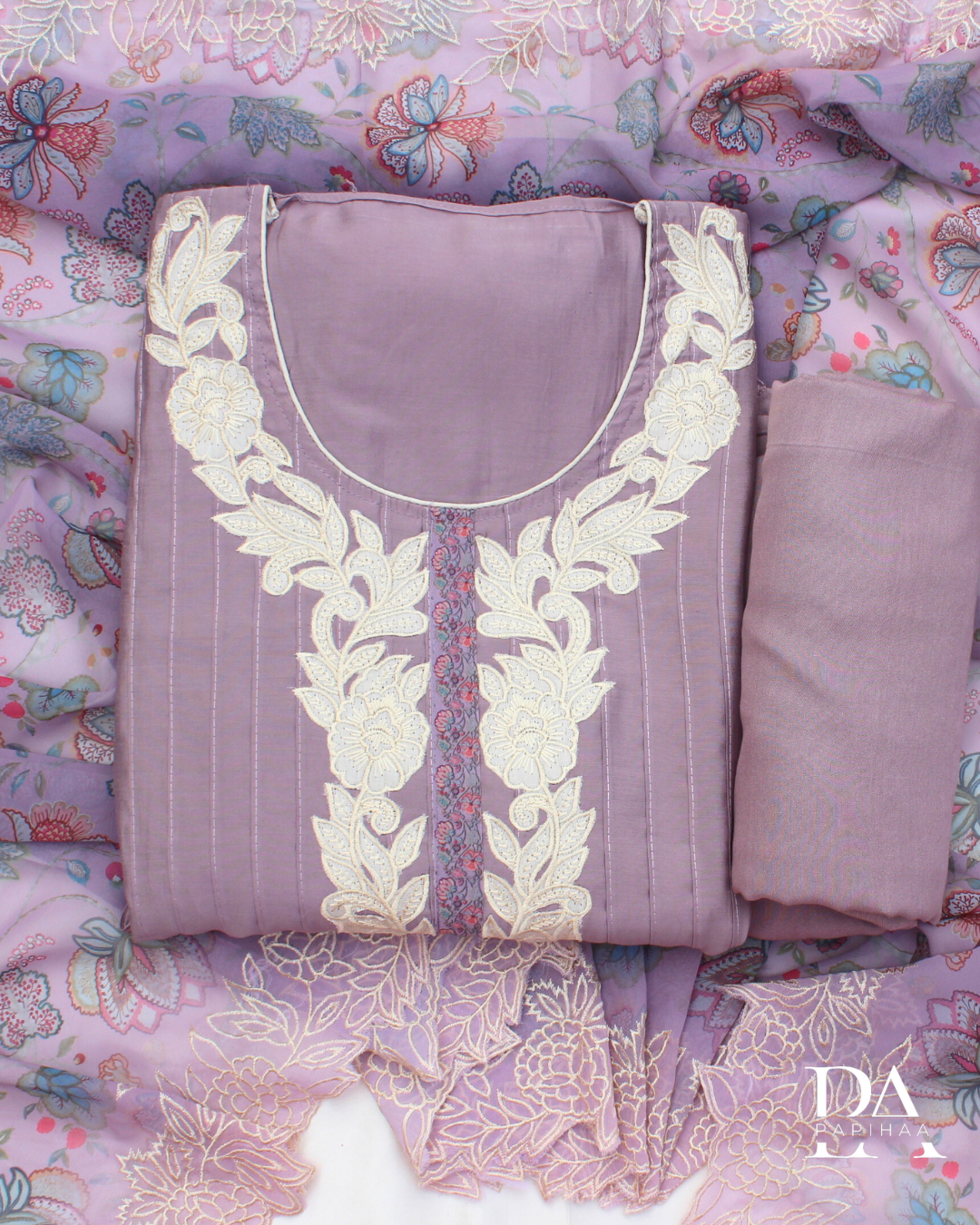 Soft roman silk semi stitched set with applique and pintucks