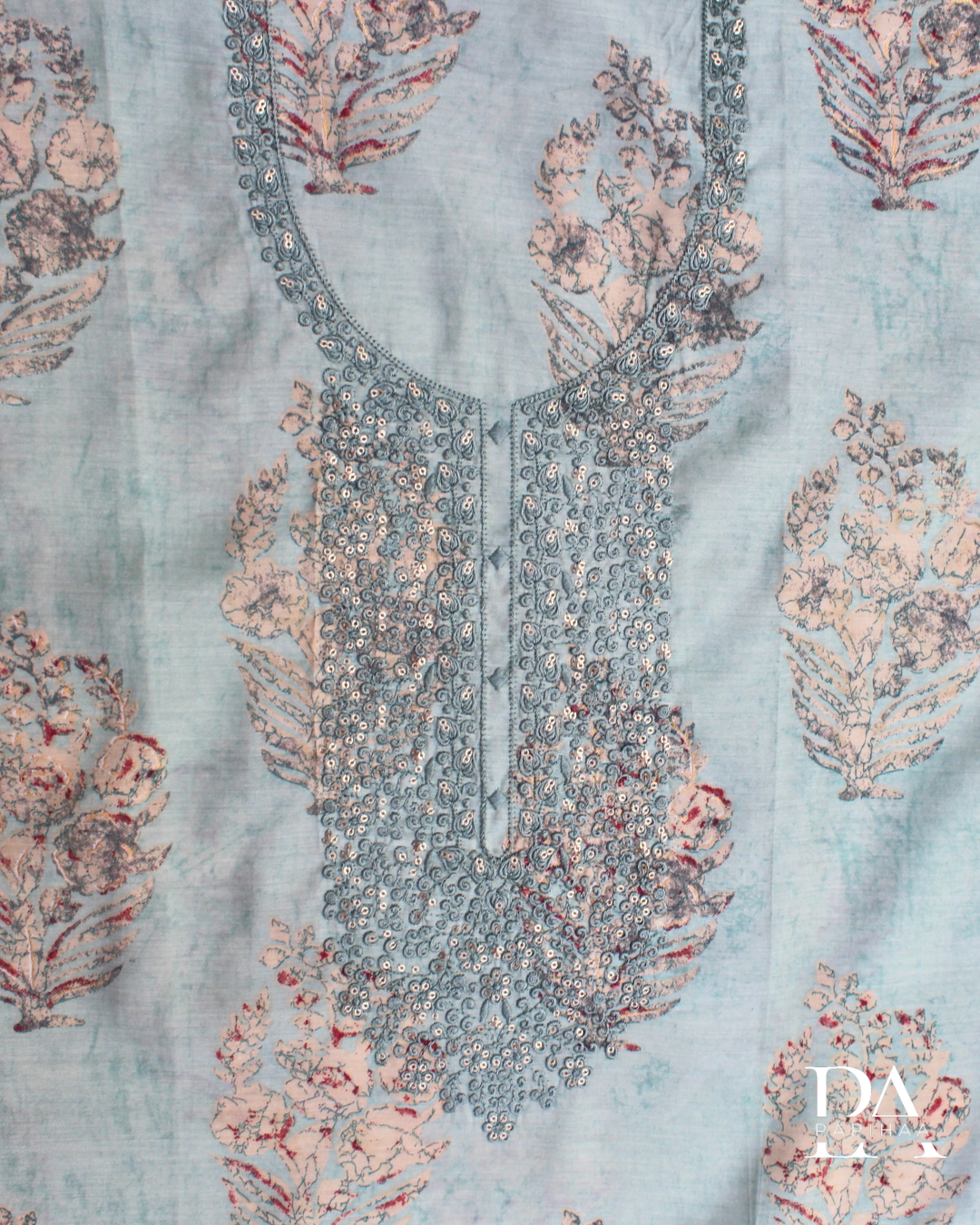 Leher Threadwork and Sequins sage green modal Ready to Stitch set