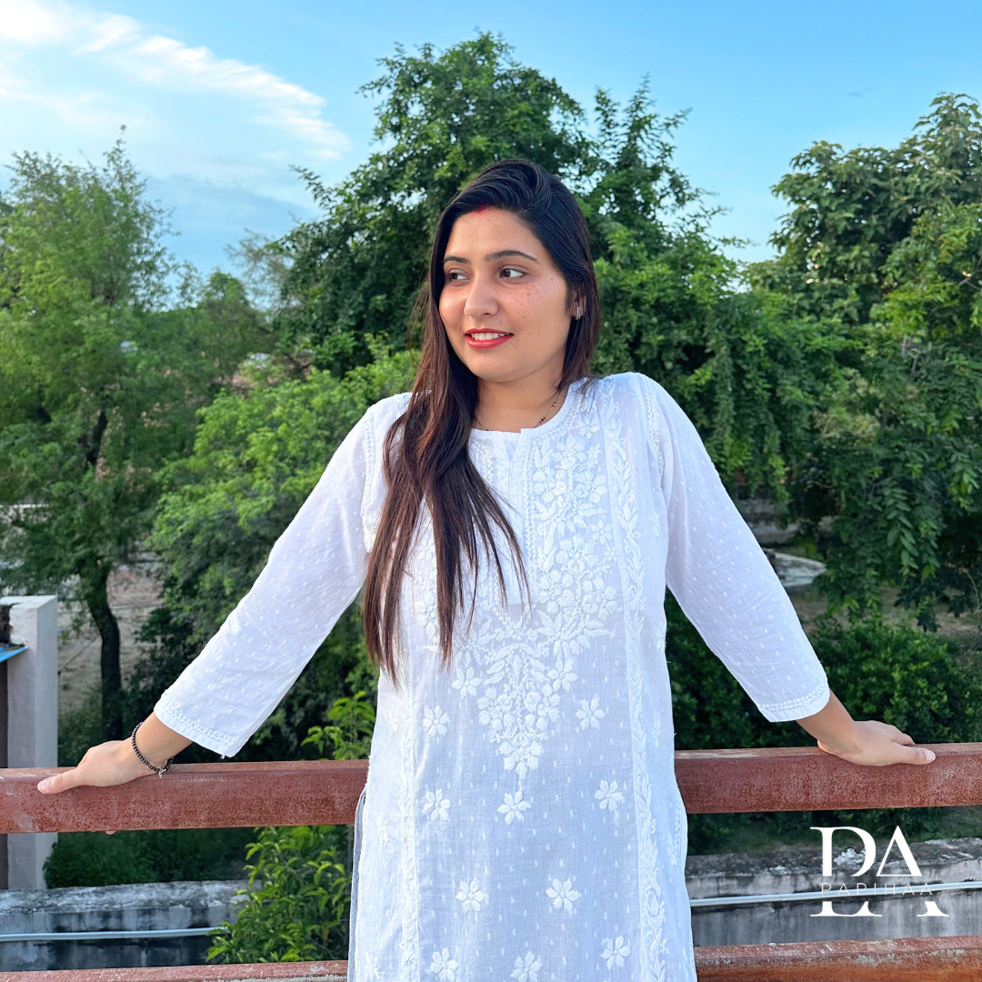 White Dobby Weave Short Chikankari Kurti