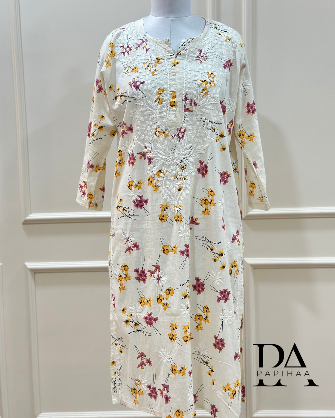 Bougainvillea Off-white Premium Mulmul Printed Chikankari Kurti