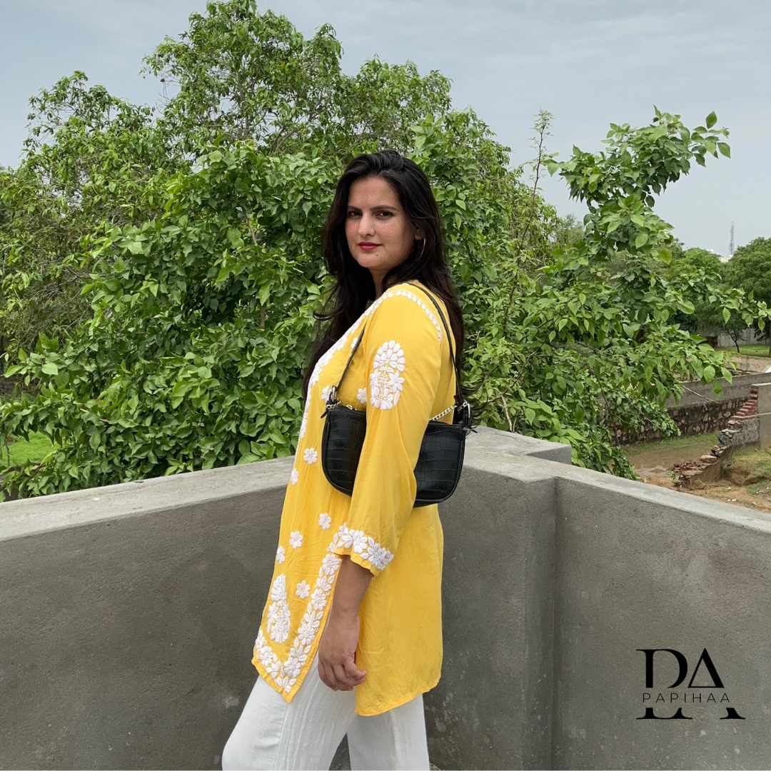 Suramya Yellow Modal 3d Chikankari Short Kurti