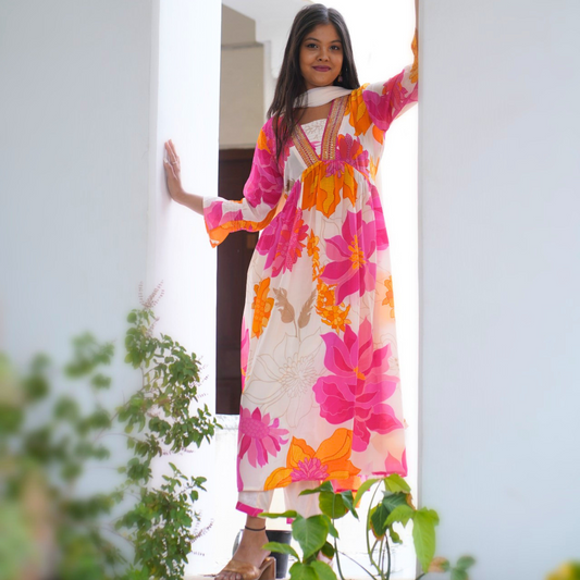Pink Floral Crepe Printed Anarkali Stitched Suit