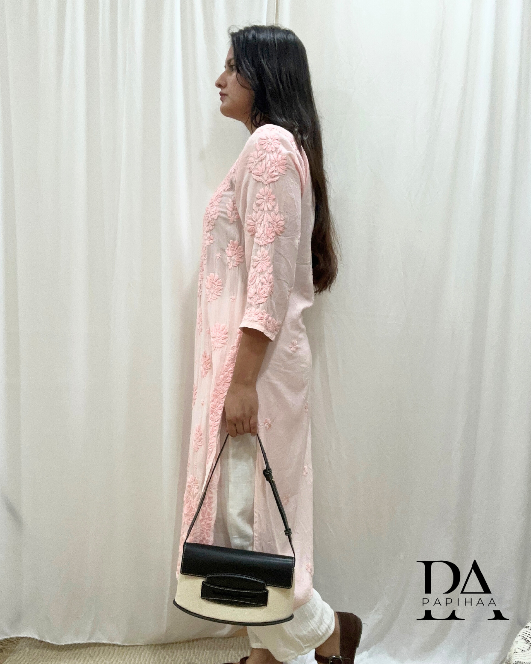 Naaz Tone one Tone Pale Pink 3d Chikankari Kurti
