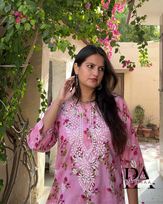 Bougainvillea Pink Premium Mulmul Printed Chikankari Kurti