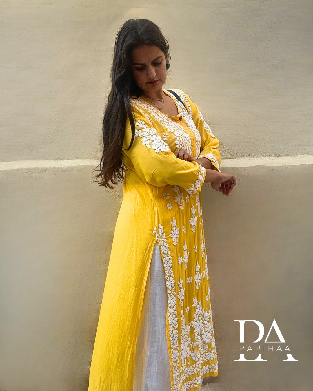 Nitya Sunflower Yellow Lotus Motif 6D Chikankari Kurti