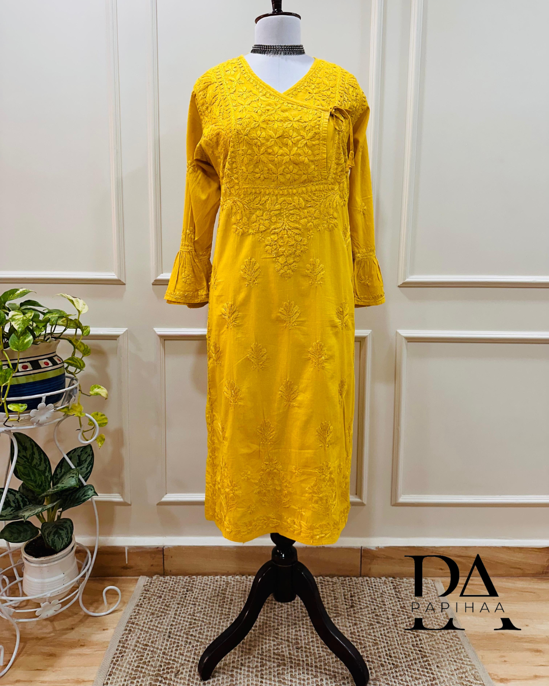 Aryaa Cotton Tone on Tone Citrine Yellow Angarakha Chikankari Kurti