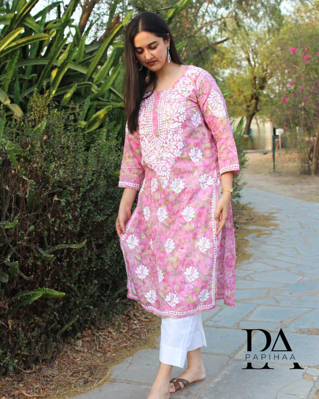 Neeraja Pink floral carnation printed 3d Chikankari Kurti