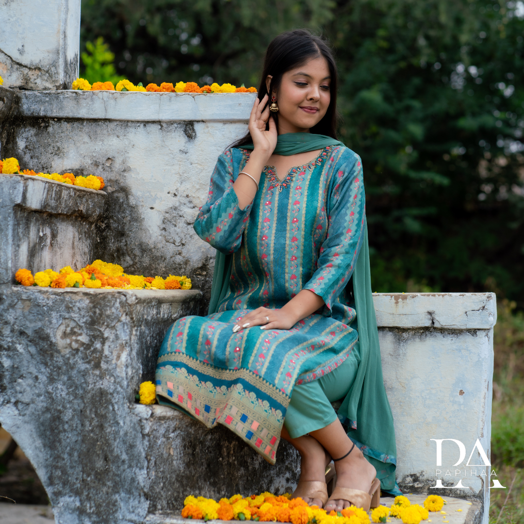 Sea Green Silky Straight Stitched Suit