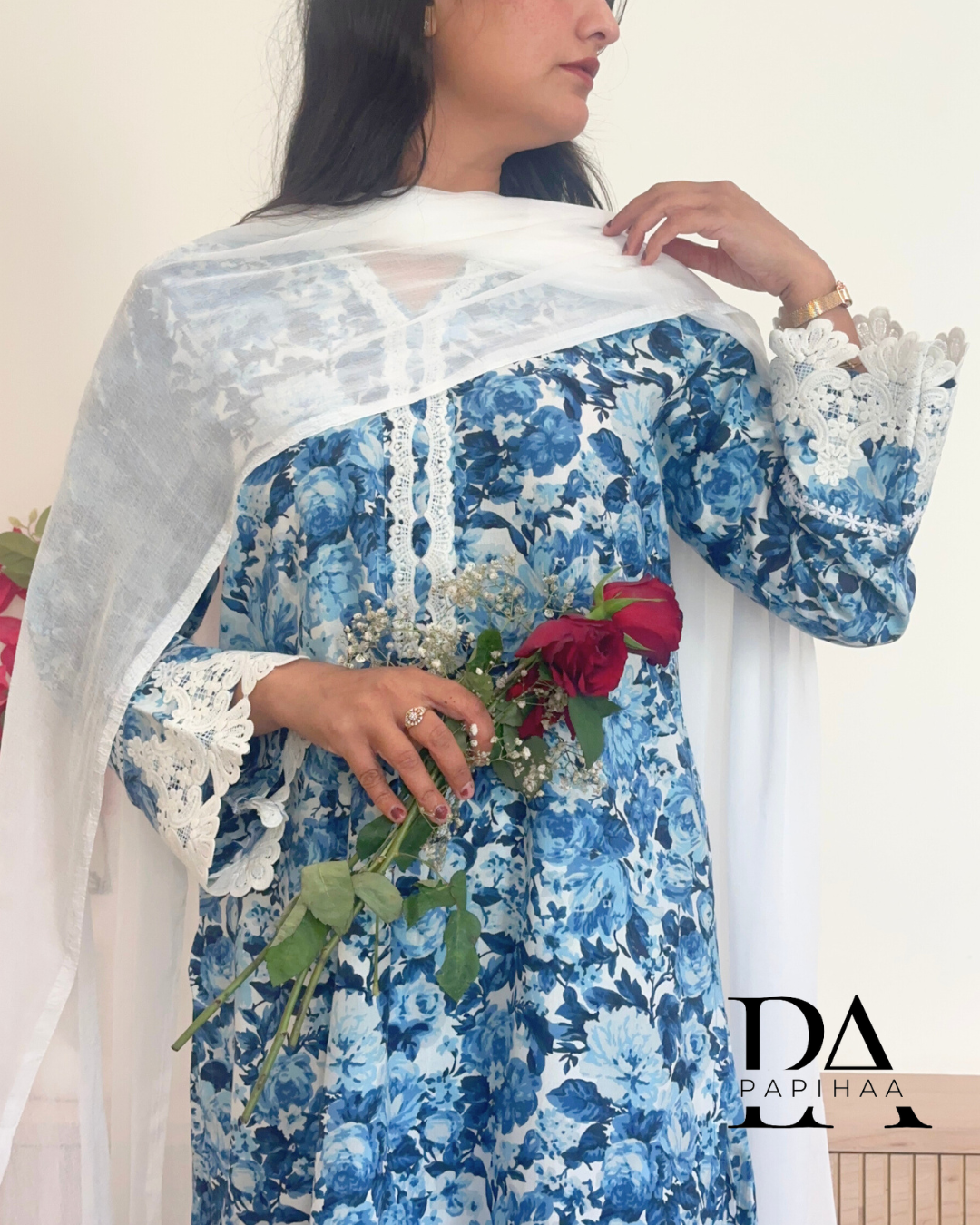Phool Indigo Floral Lace detail Kurta Set