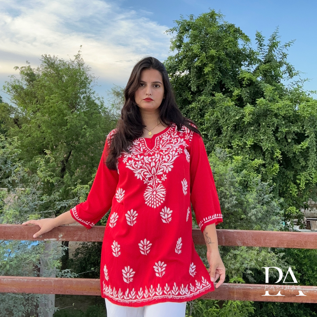 Suramya Soft Rayon Red Short Chikankari Kurti