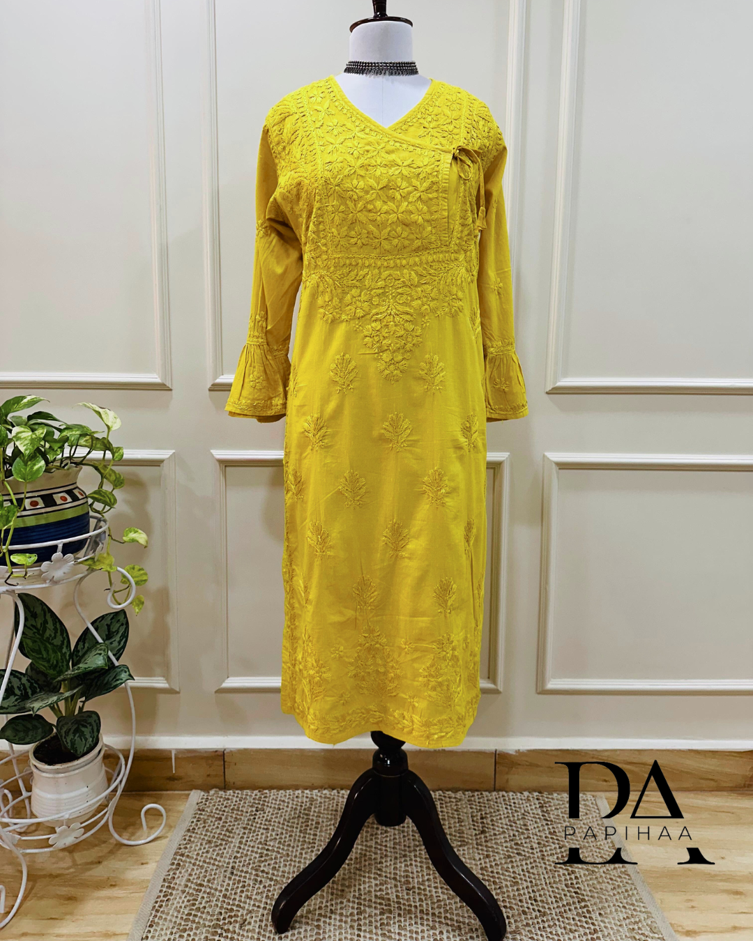 Aryaa Cotton Tone on Tone Olive Yellow Angarakha Chikankari Kurti