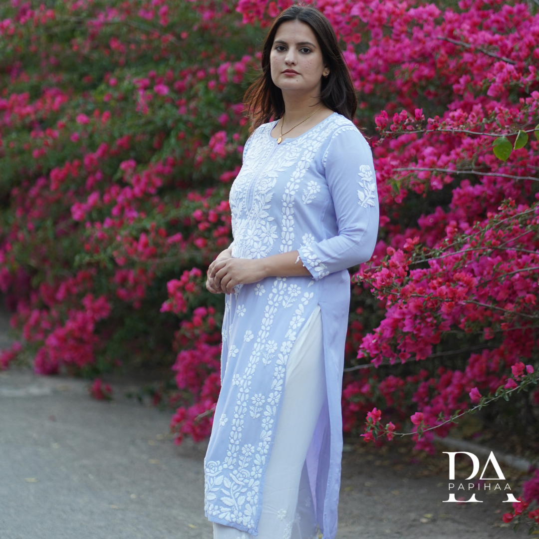 Lavender Modal 3D Chikankari Rose Panel Kurti
