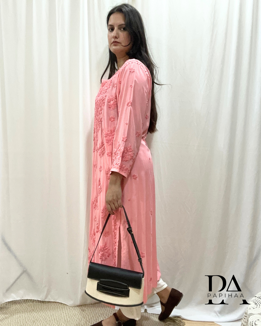Naaz Tone one Tone Coral Pink 3d Chikankari Kurti
