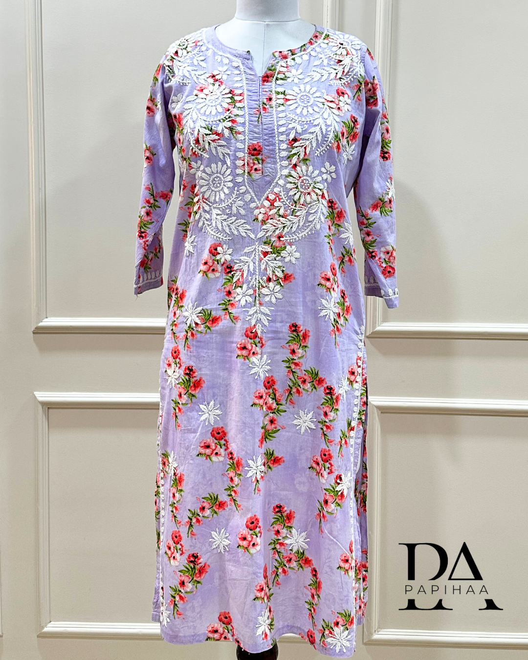 Bougainvillea Lavender Premium Mulmul Printed Chikankari Kurti