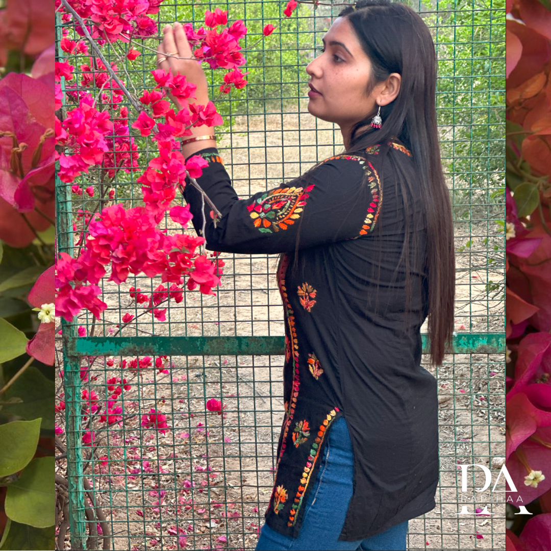 Black Short Kurti with multicolour chikankari