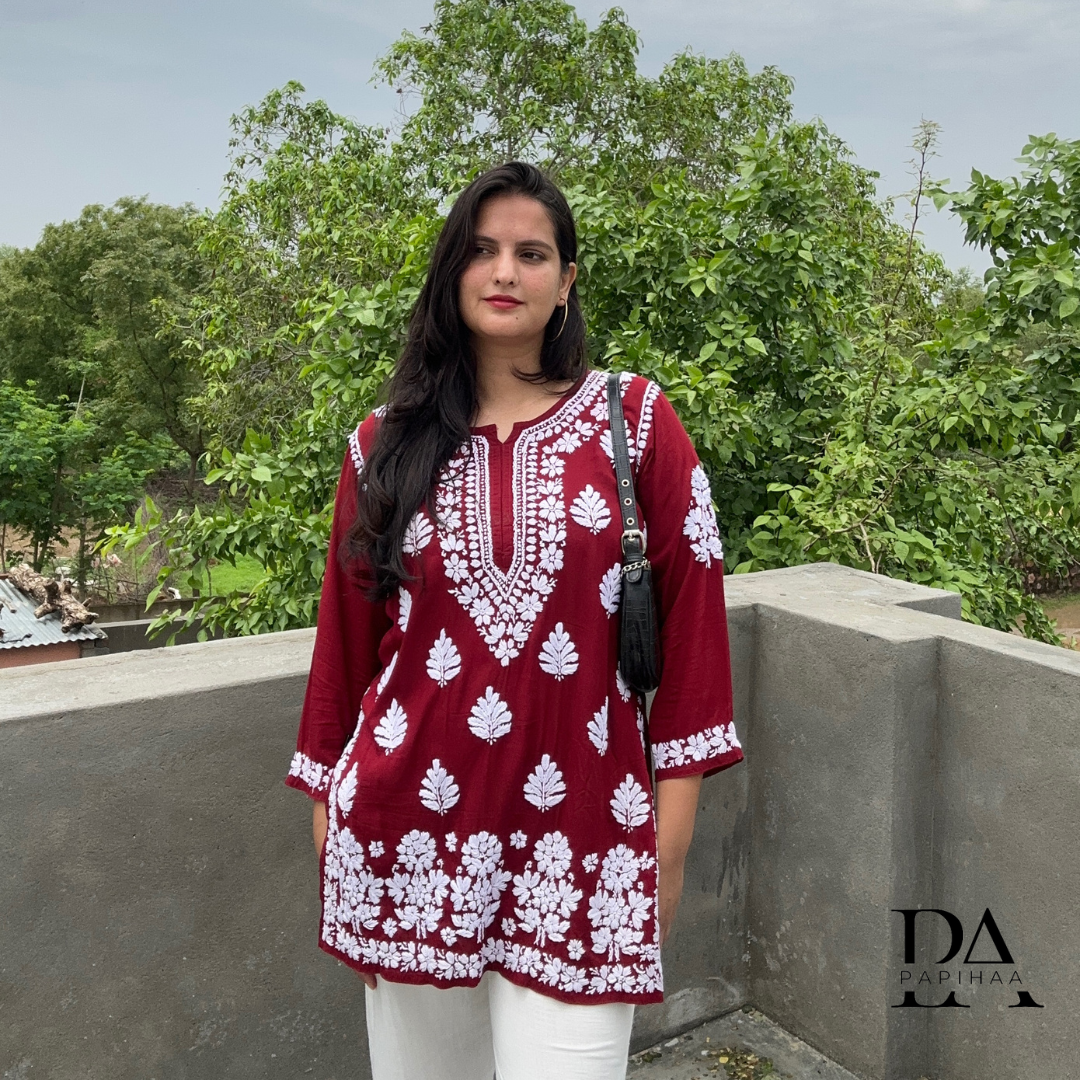 Suramya Maroon Modal 3D short Chikankari kurti