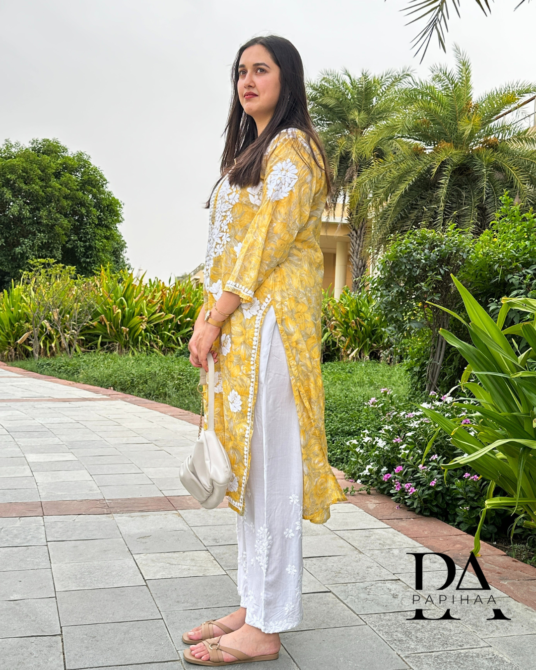 Neeraja Yellow floral carnation printed 3d Chikankari Kurti