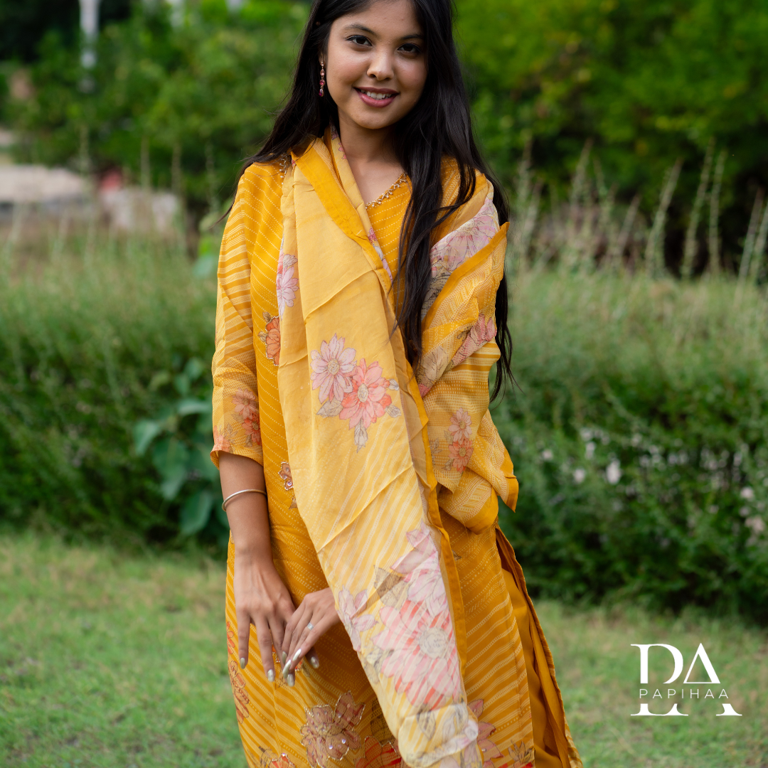 Mustard Yellow Soft Organza Straight Stitched Suit