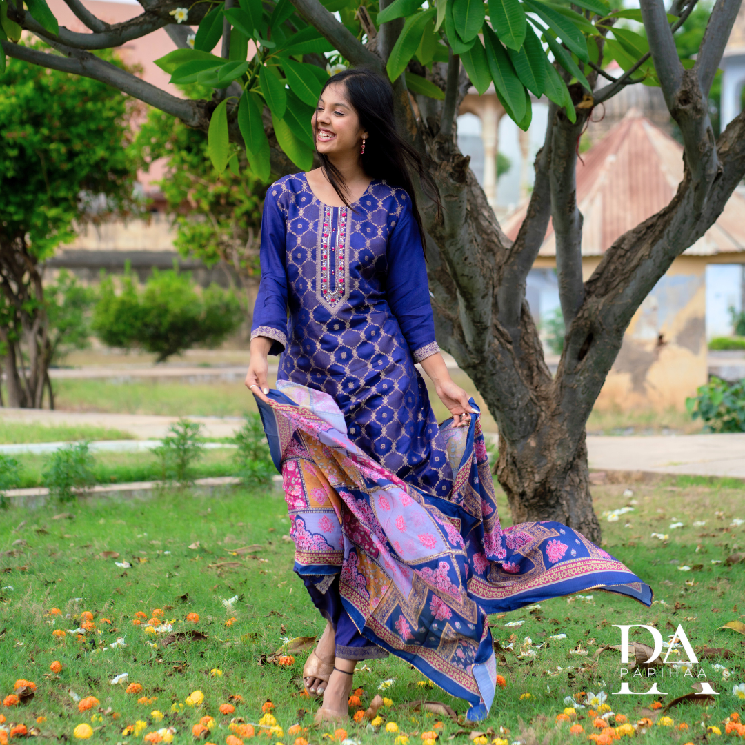 Purple Banarasi Straight Stitched Suit