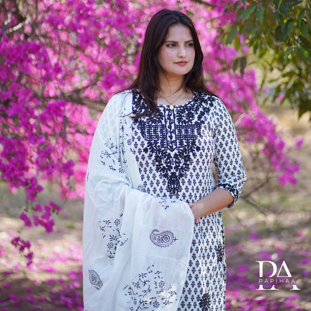 Black & White Block Printed Kurta Set