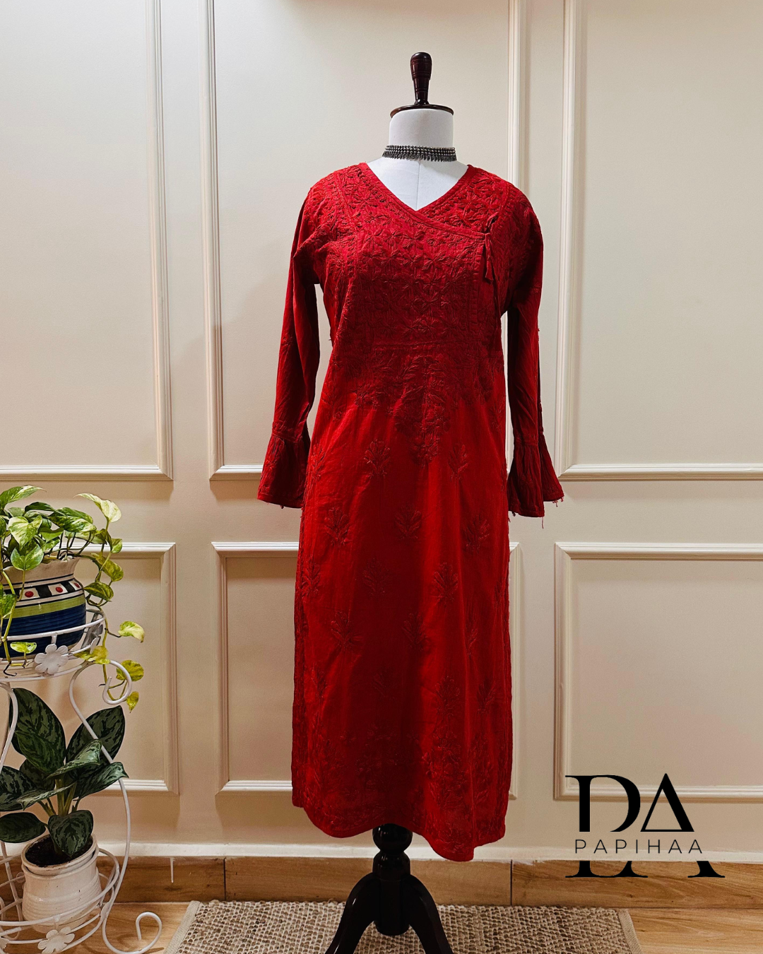 Aryaa Cotton Tone on Tone Deep Red Angarakha Chikankari Kurti