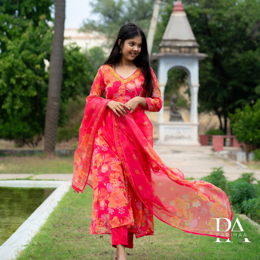 Coral Pink Chiffon Floral Anarkali Suit
