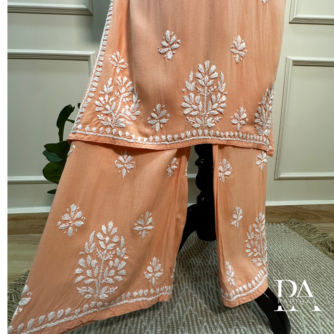 Ruvya Peach Rayon Chikankari Palazzo 2 Piece Set