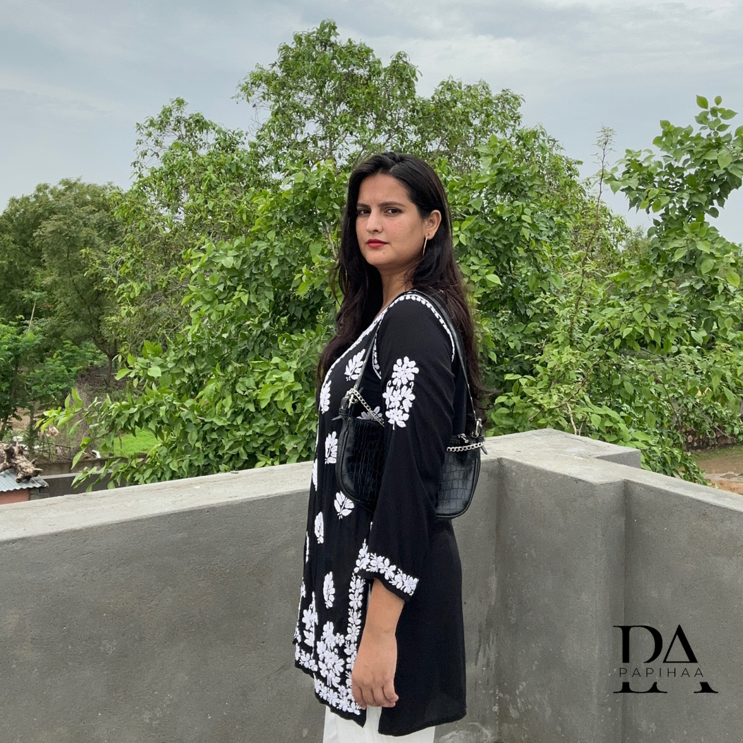 Suramya Black Modal 3d Chikankari Short Kurti