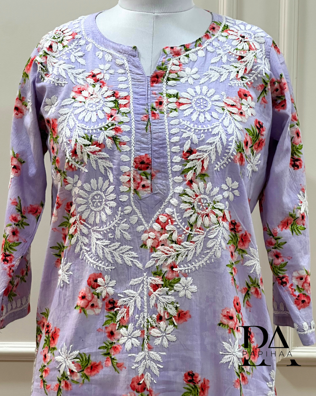 Bougainvillea Lavender Premium Mulmul Printed Chikankari Kurti
