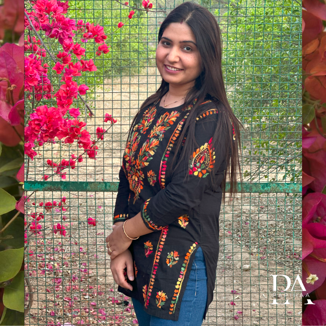 Black Short Kurti with multicolour chikankari
