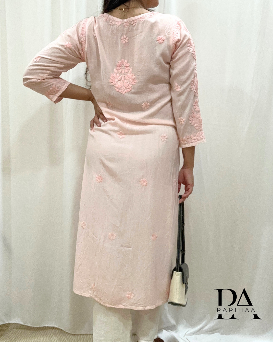 Naaz Tone one Tone Pale Pink 3d Chikankari Kurti