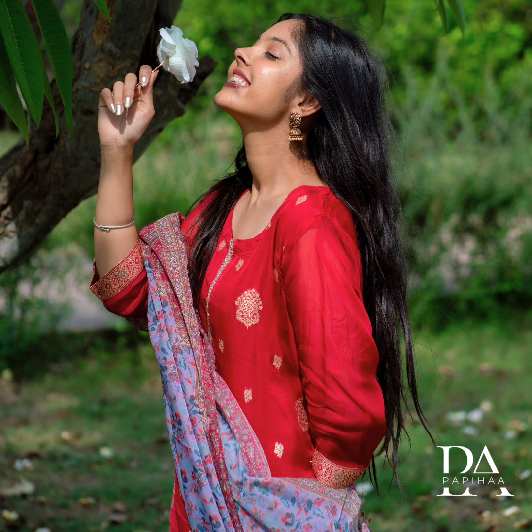 Red Soft Organza Straight Stitched Suit