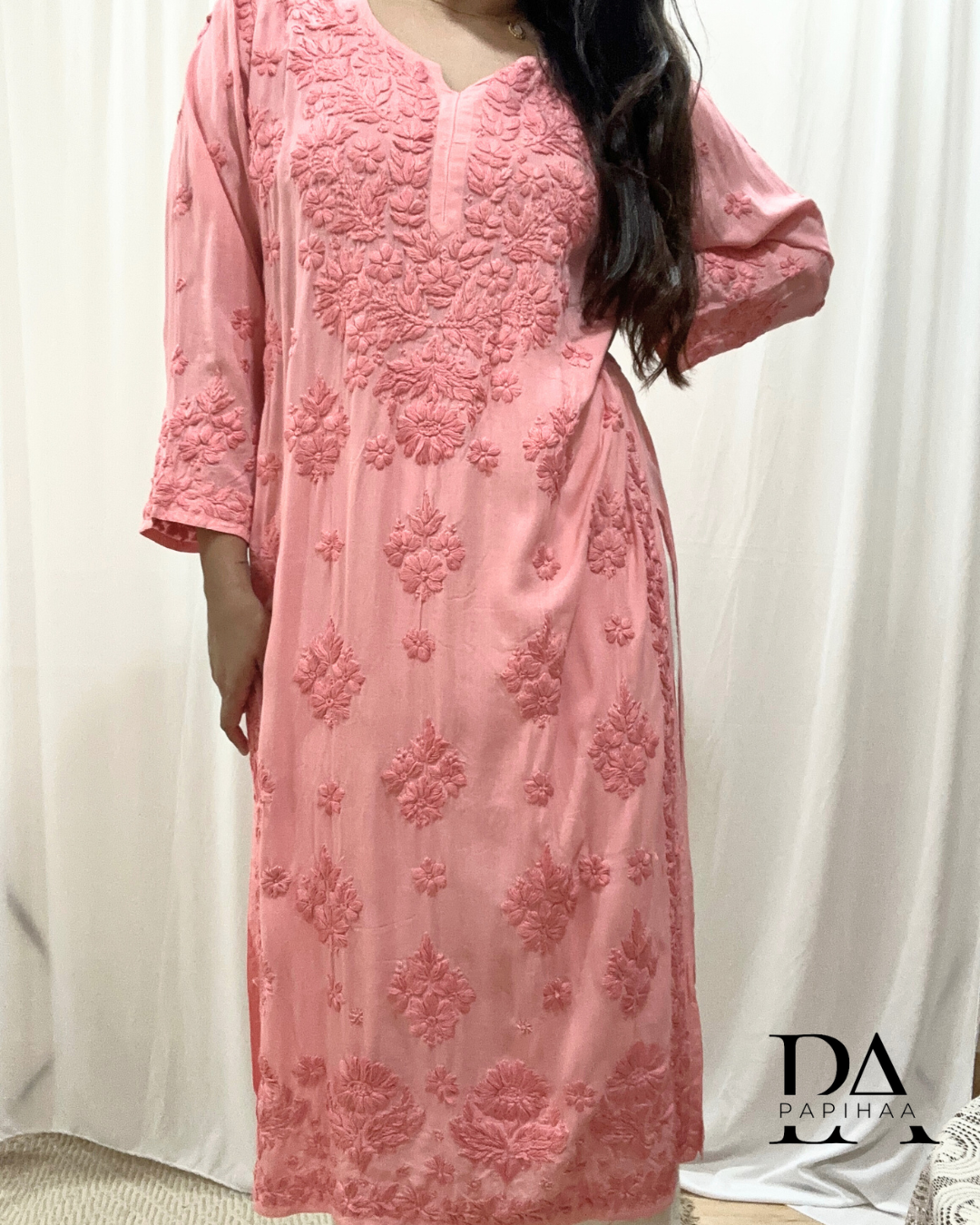 Naaz Tone one Tone Coral Pink 3d Chikankari Kurti