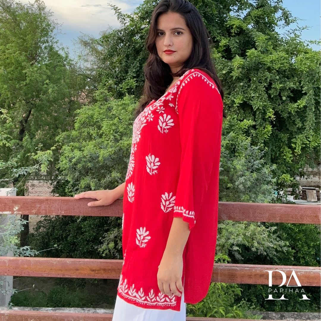 Suramya Soft Rayon Red Short Chikankari Kurti