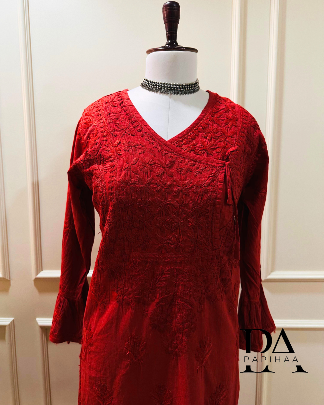 Aryaa Cotton Tone on Tone Deep Red Angarakha Chikankari Kurti