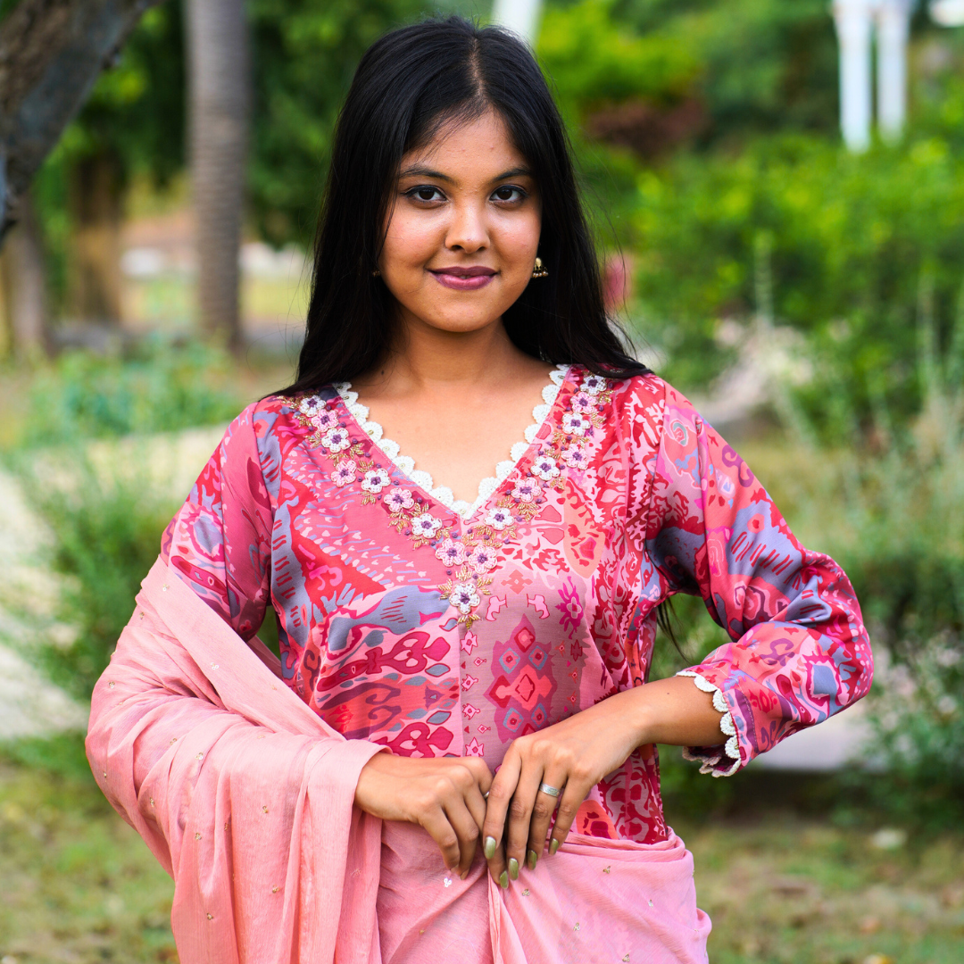 Shadmani Peach Colored Muslin Straight Stitched Suit