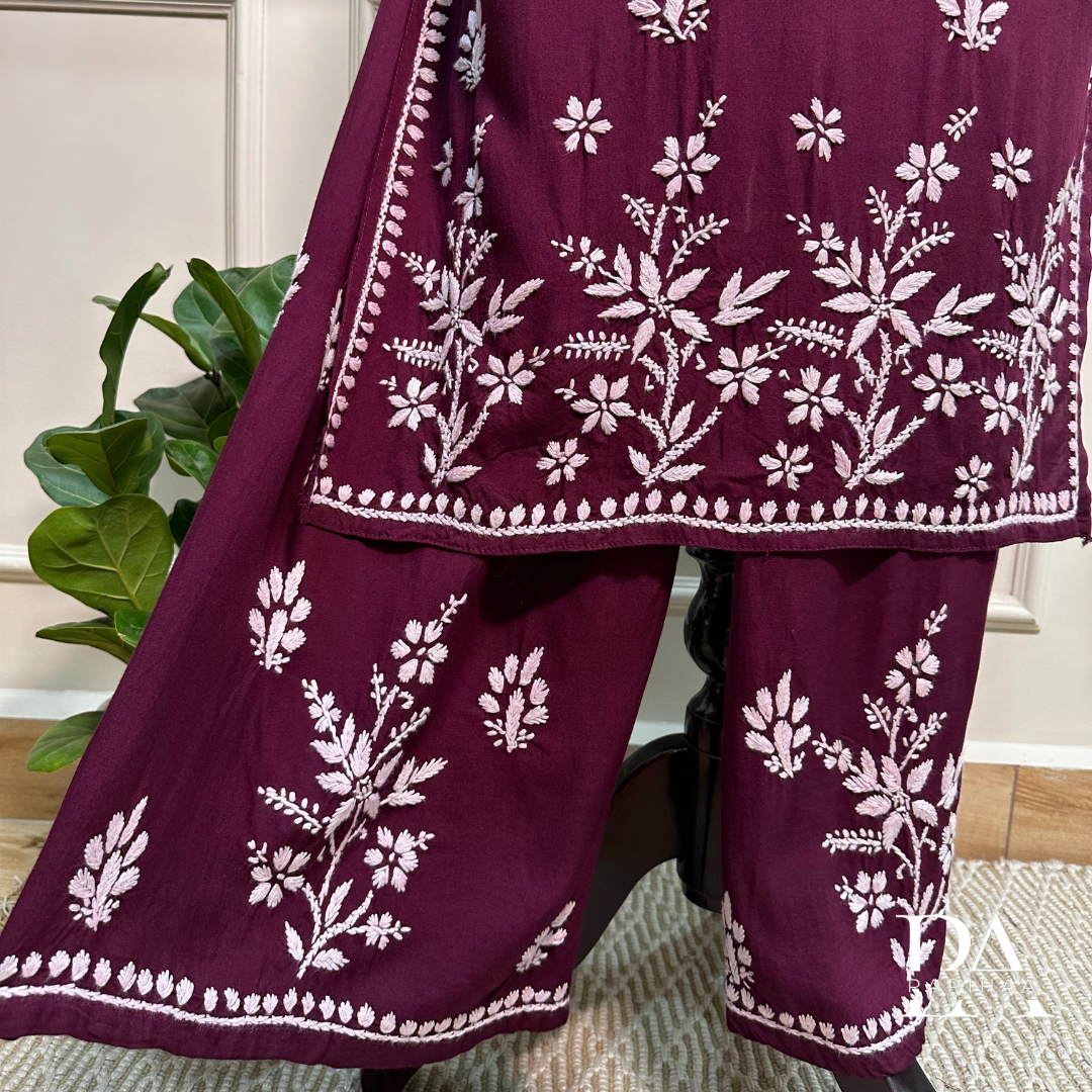 Ruvya Wine Rayon Chikankari Palazzo 2 Piece Set