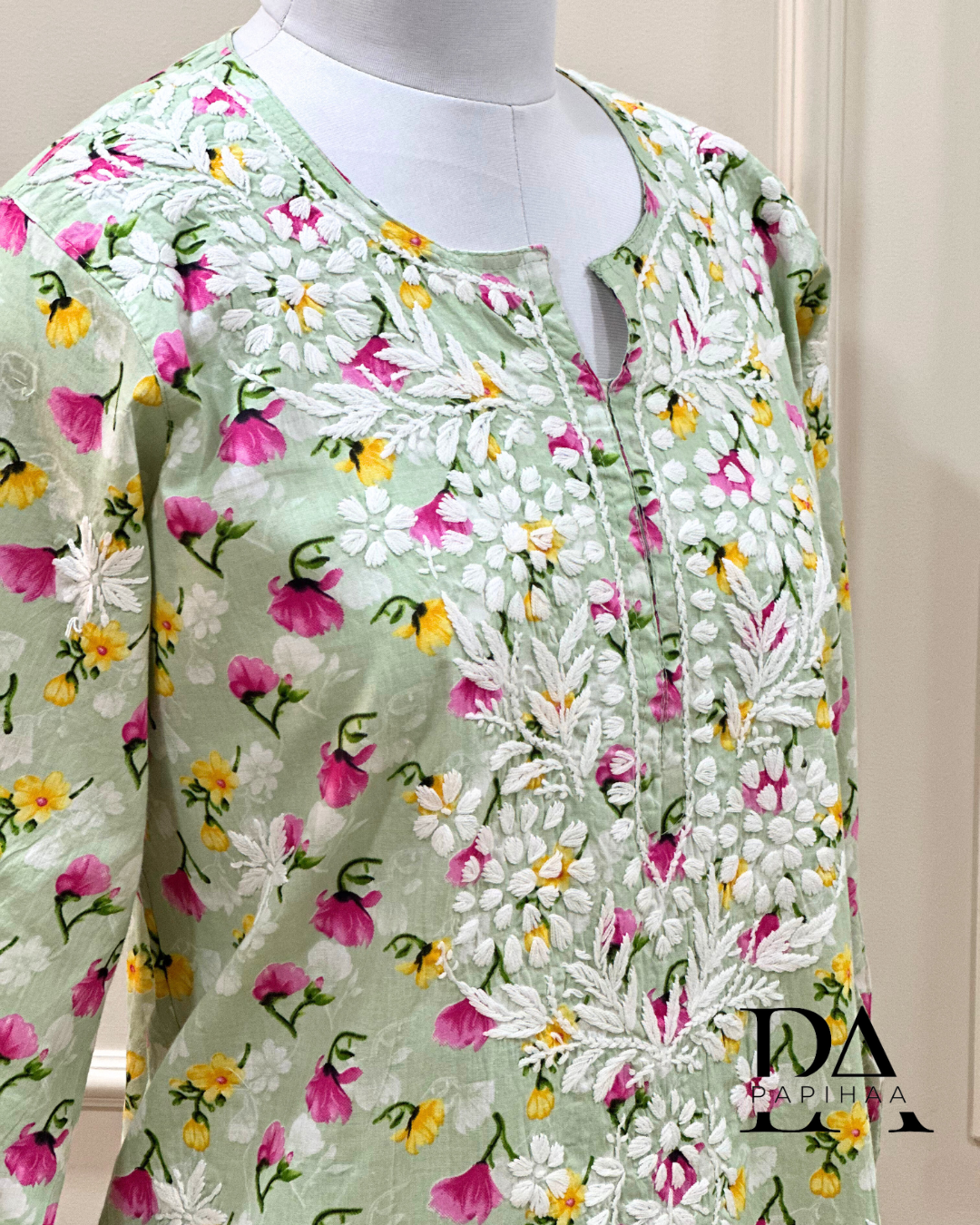 Bougainvillea Pastel Green Premium Mulmul Printed Chikankari Kurti