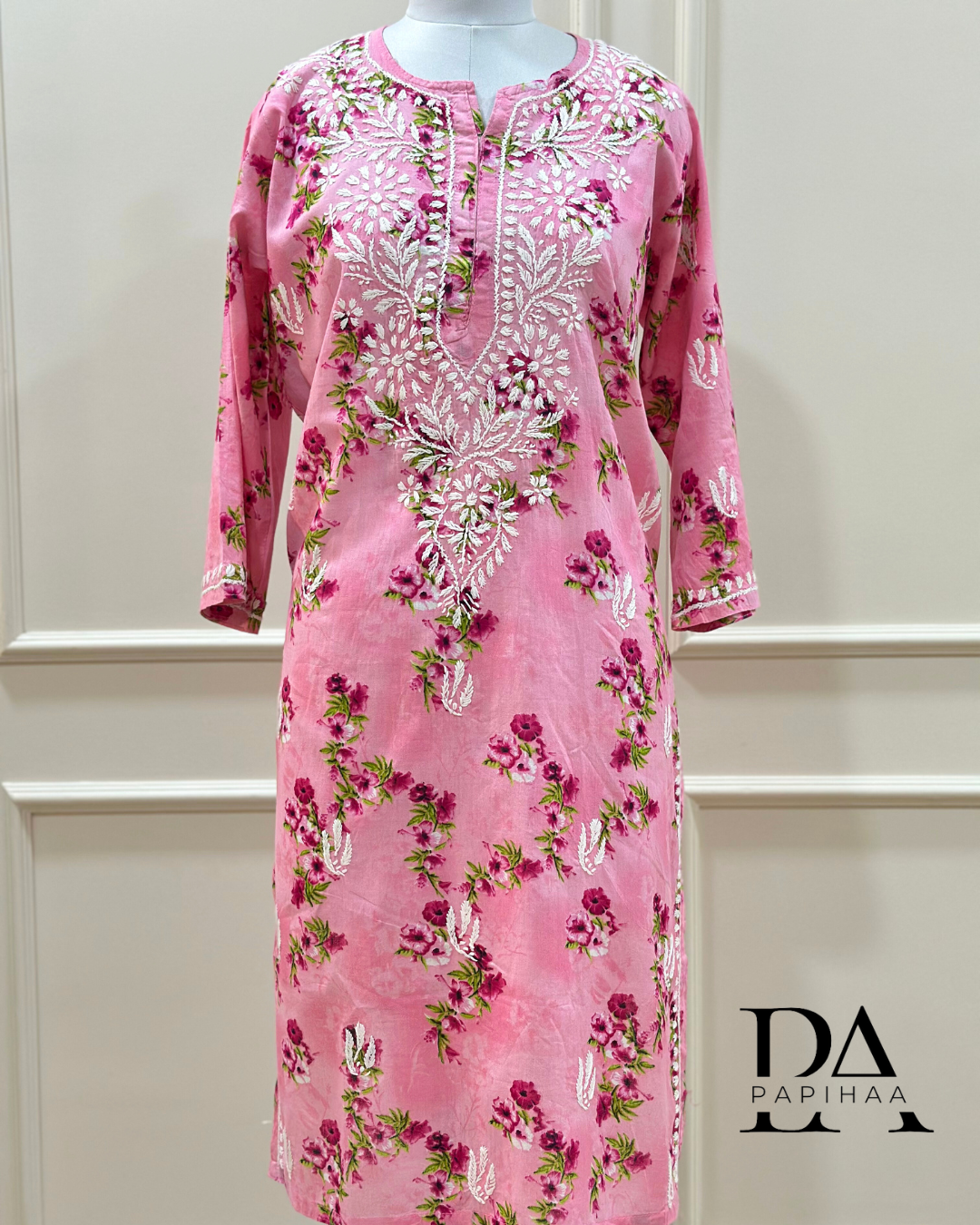 Bougainvillea Pink Premium Mulmul Printed Chikankari Kurti