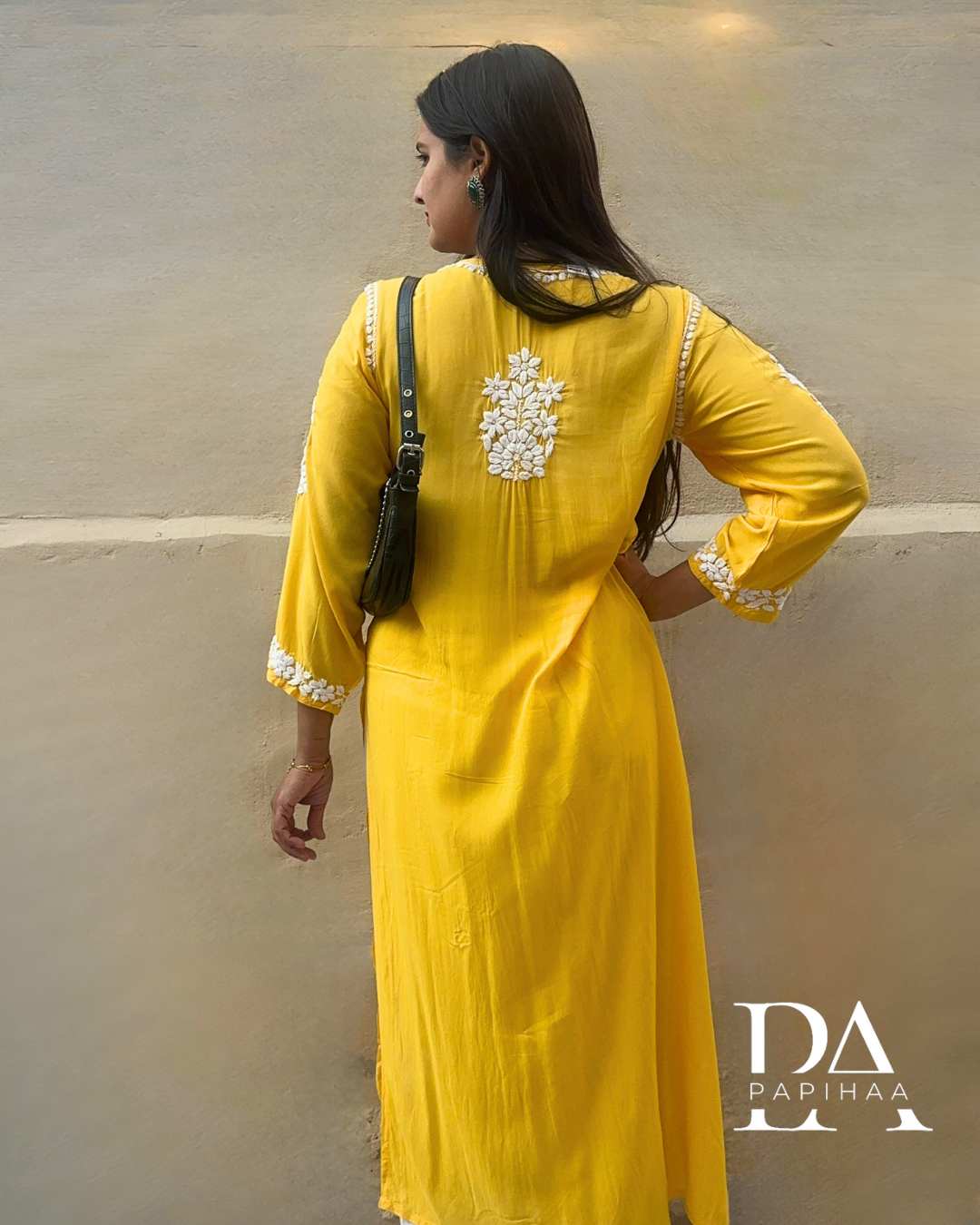 Nitya Sunflower Yellow Lotus Motif 6D Chikankari Kurti