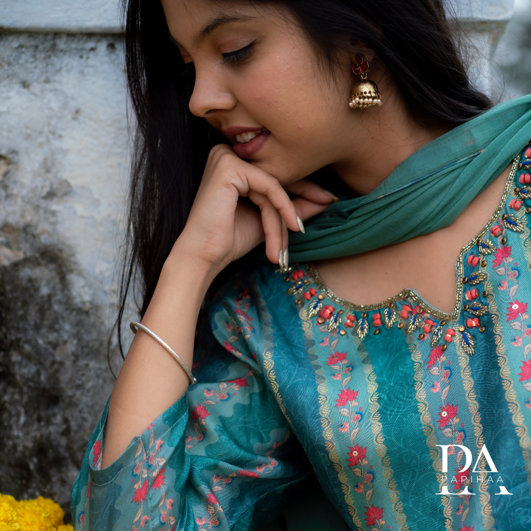 Sea Green Silky Straight Stitched Suit