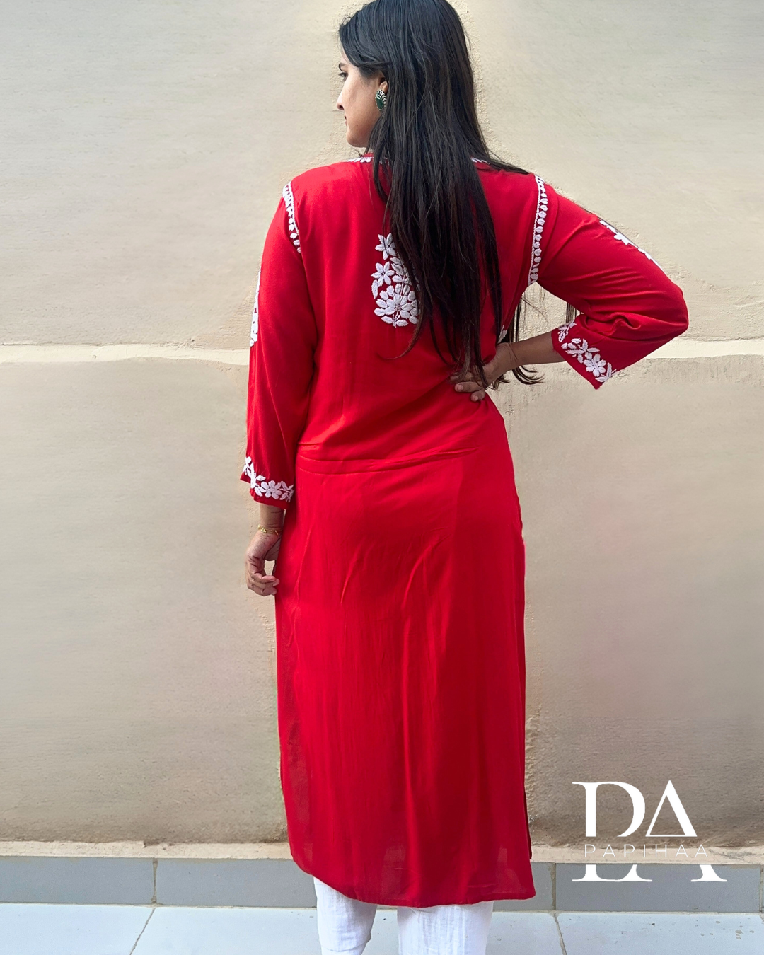 Nitya Deep Red Lotus Motif 6D Chikankari Kurti